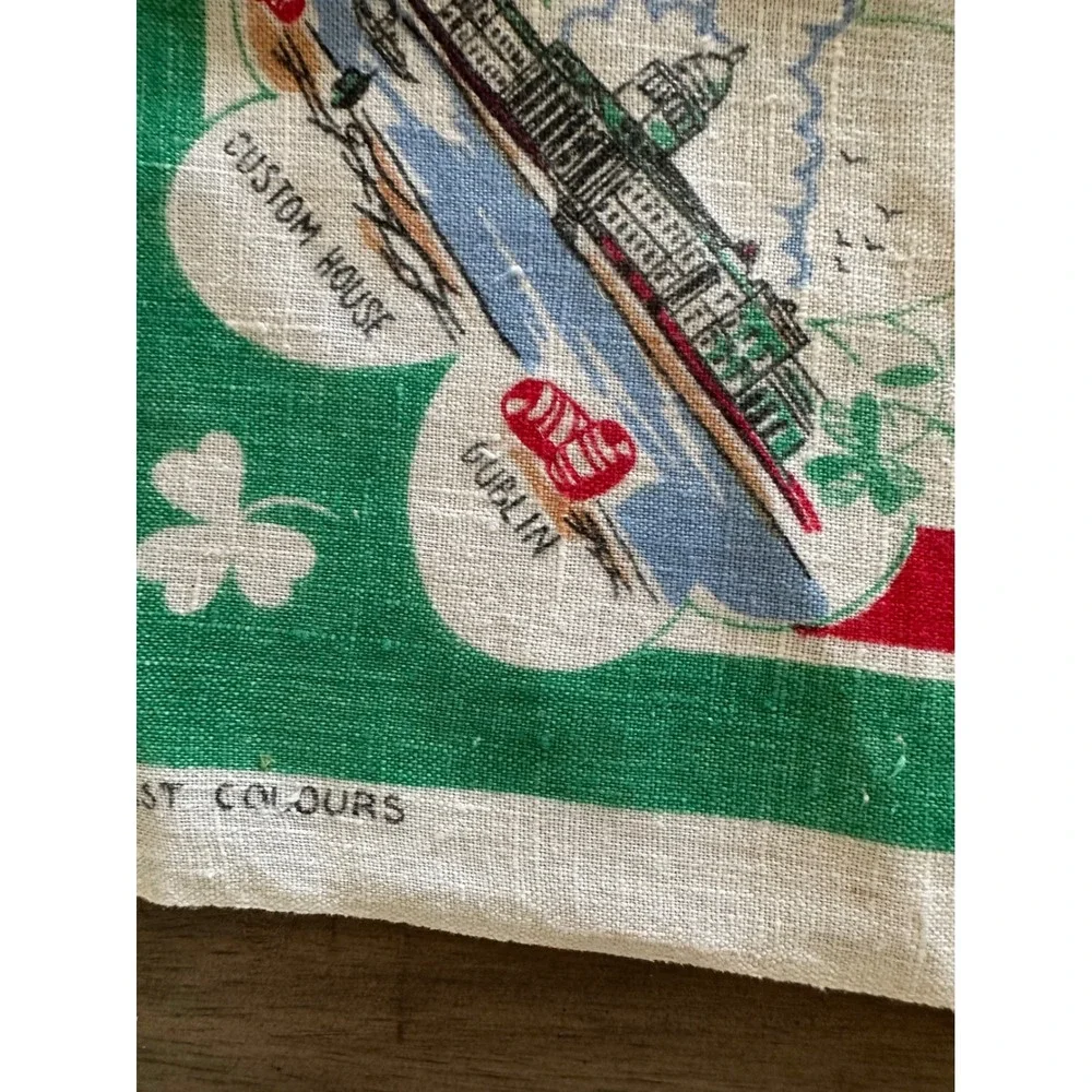 Vintage Pure Irish Linen Tea Towel Map of Ireland Souvenir, Mid-Century